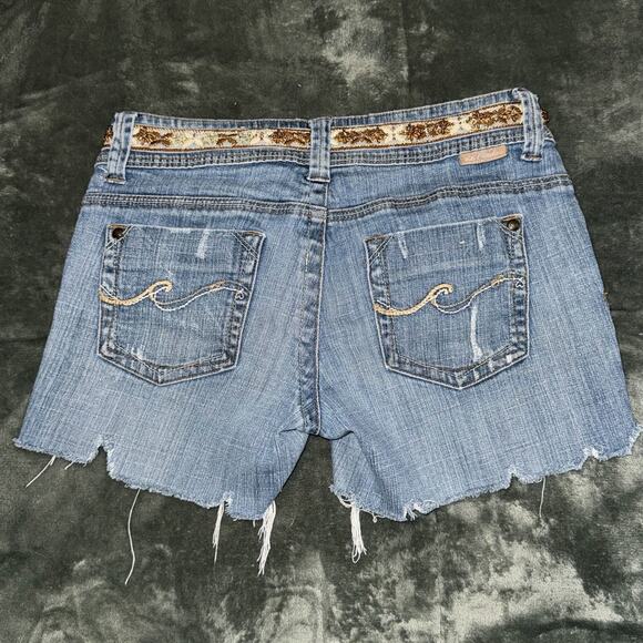 Vintage Candie's Cut-Off Shorts Womens 5 Blue Denim Embroidered Waist Y2K Boho - Picture 3 of 9